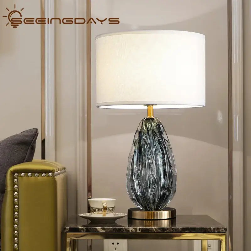 Modern gray swirl crystal table lamp with dark blue silver marbled glass and gold base for bedroom night light decorbites crystal table