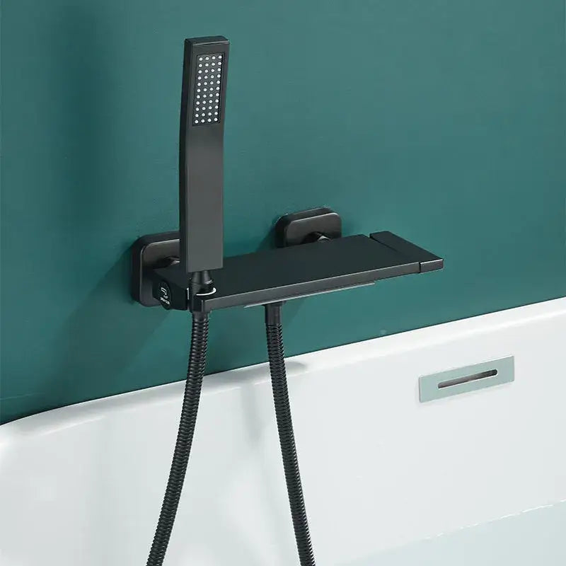 Black matte gray wall mounted waterfall faucet set with integrated shelf and handheld spray head for bathroom shower