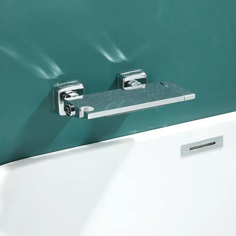 Modern chrome-finished bathtub shelf with sleek minimalist design and integrated brackets for gray wall mounted waterfall faucet set