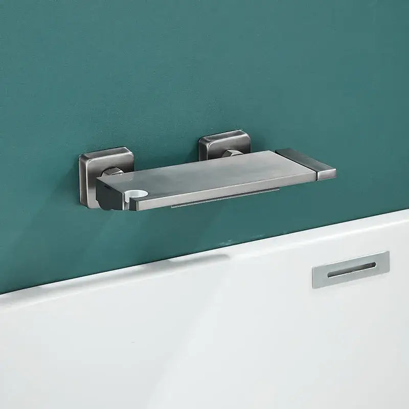 Modern brushed stainless steel bathtub shelf with integrated cup holder for gray wall mounted waterfall faucet set