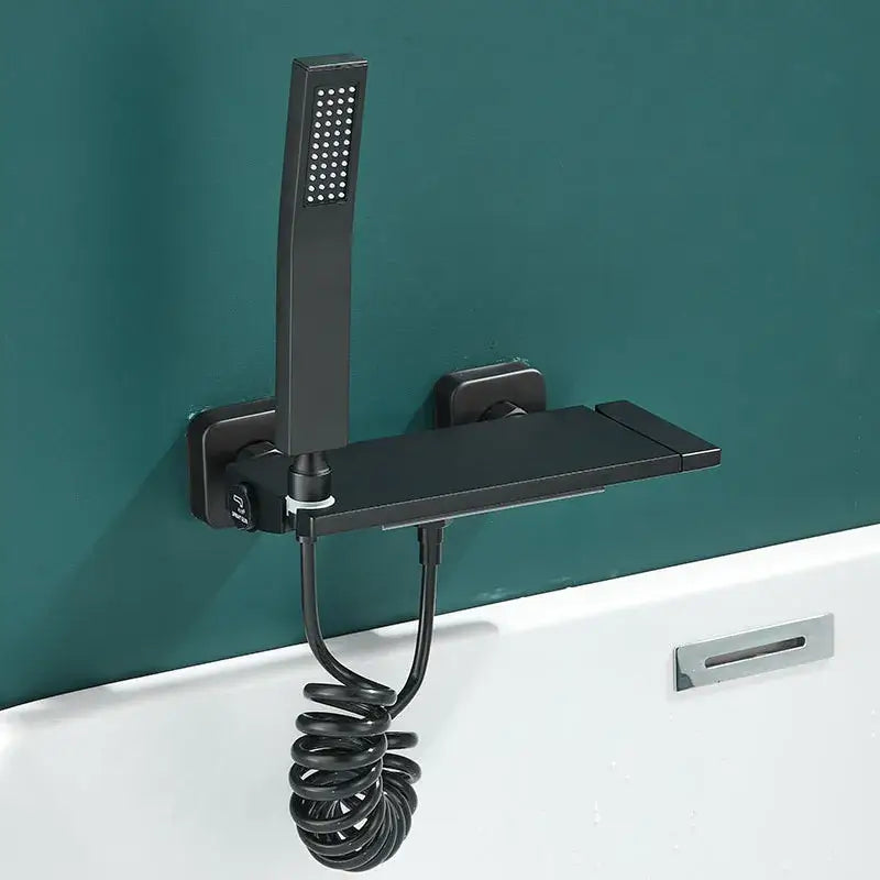 Black matte gray wall mounted waterfall faucet set with integrated shelf and handheld spray head for bathroom shower