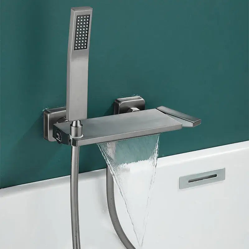 Modern gray wall mounted faucet set featuring brushed nickel waterfall design with integrated handheld showerhead