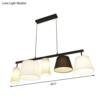 Decorbites™ barrel hanging light kit with five black metal fabric shades in off-white and dark brown for island lighting
