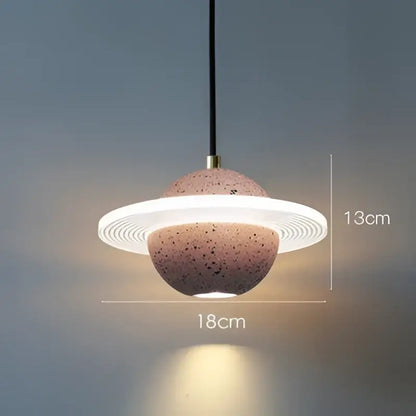 Modern gray and white cement planet pendant light with speckled terracotta sphere for bedroom decorbites cement planet decor