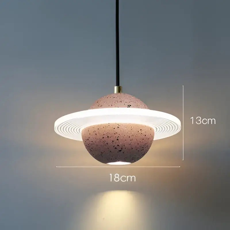 Modern gray and white cement planet pendant light with speckled terracotta sphere for bedroom decorbites cement planet decor