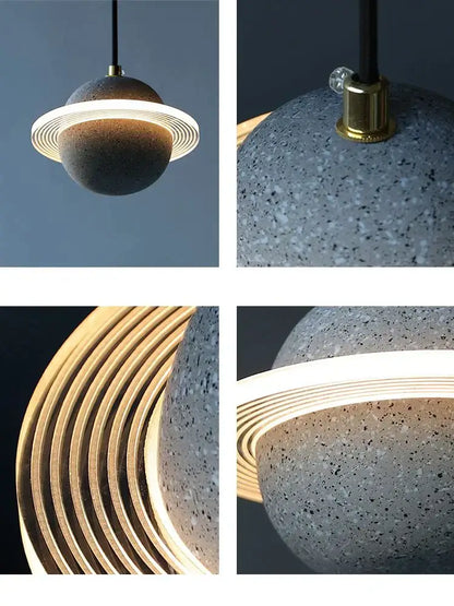 Modern gray and white cement planet pendant light with gray speckled concrete sphere and glowing led ring for decorbites decor