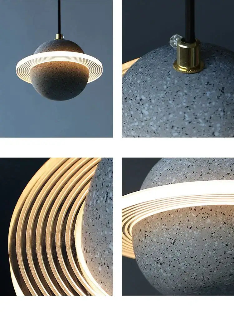 Modern gray and white cement planet pendant light with gray speckled concrete sphere and glowing led ring for decorbites decor