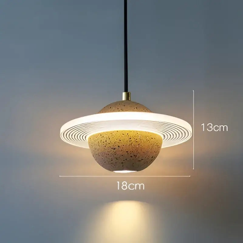 Modern gray and white decorbites cement planet pendant light with speckled base and warm ring illumination for bedroom decor