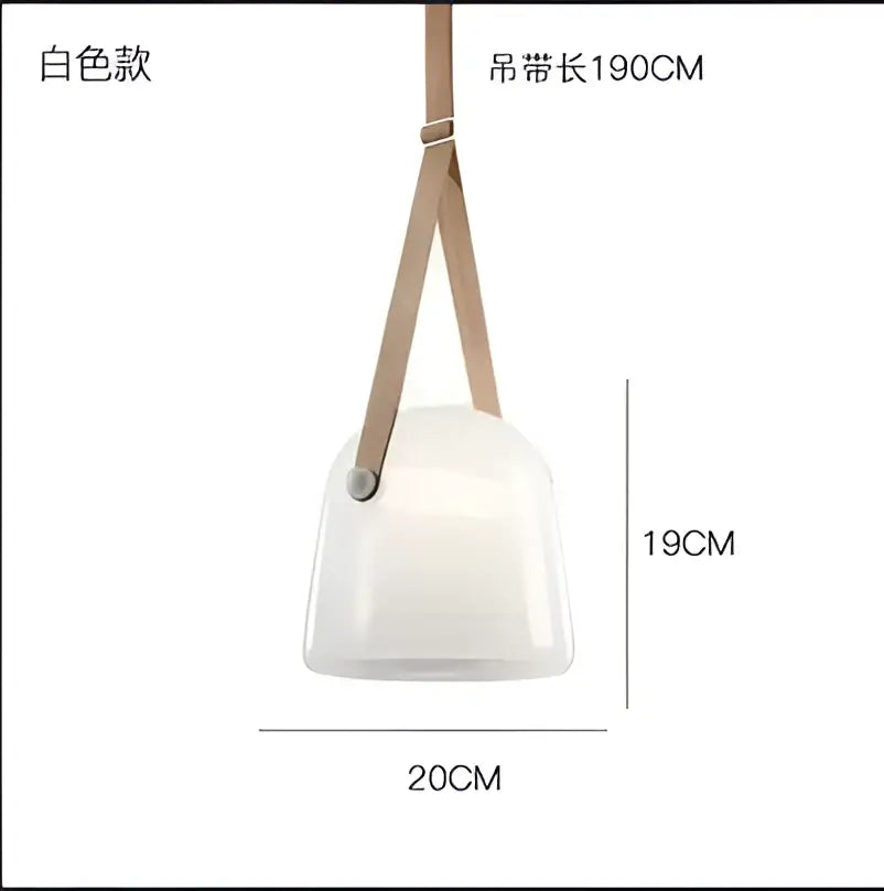 Modern gray and white decorbites glass chandelier featuring a white ceramic pendant light with beige leather straps