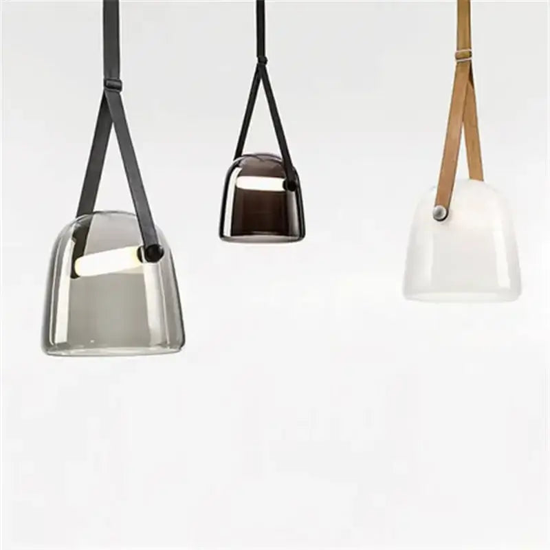 Modern gray and white decorbites glass chandelier with three pendant lights in glass and leather for living room lighting