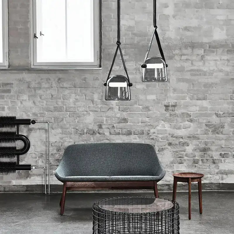 Modern gray and white decorbites glass chandelier with black fabric straps features glass pendant lights for living room lighting