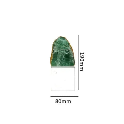 Modern green agate crystal stone bookend featuring a polished green aventurine stone with golden edges on clear stand