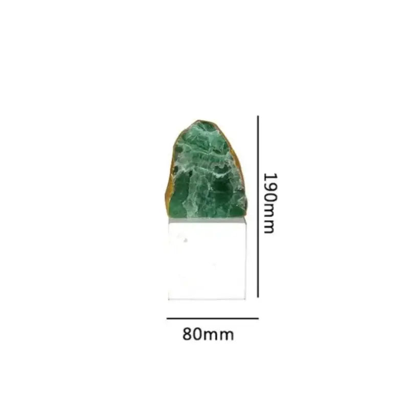 Modern green agate crystal stone bookend featuring a polished green aventurine stone with golden edges on clear stand