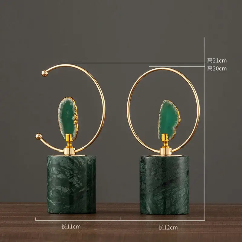 Modern green and gold agate crafts marble base sculptures with gold-toned rings and dark green marble base for living room