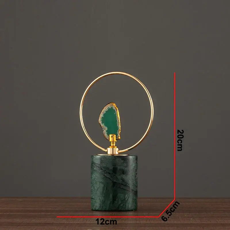 Modern green and gold agate crafts marble base art featuring a green marble base and gold-toned circular ring with geode slice