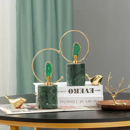 Modern green and gold agate crafts marble base ornaments with gold-toned metal rings for living room decor