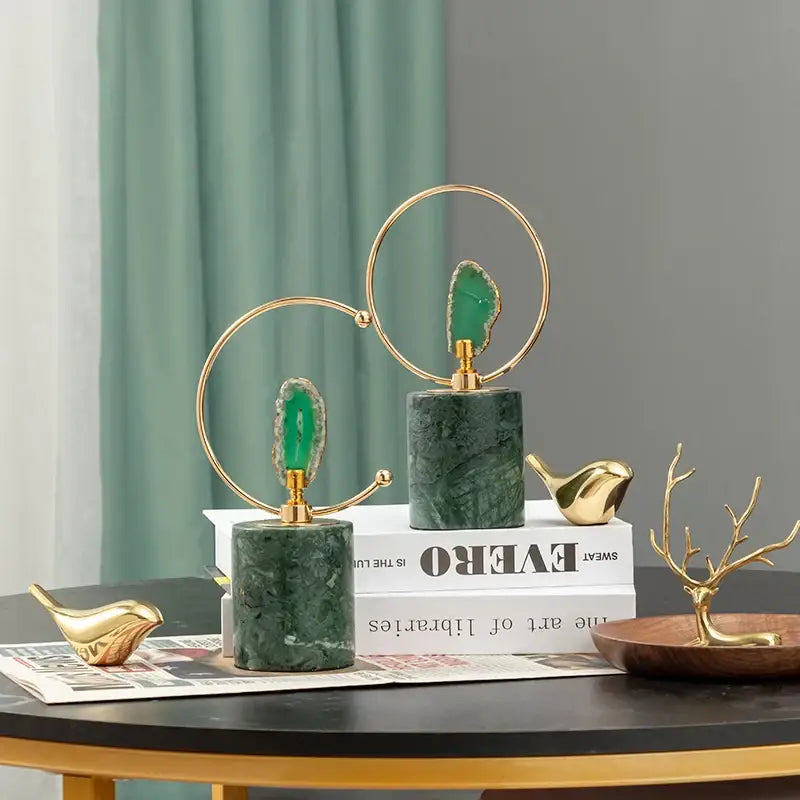 Modern green and gold agate crafts marble base ornaments with gold-toned metal rings for living room decor