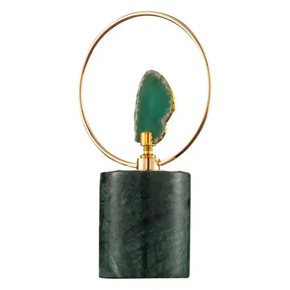 Elegant green agate crafts marble base pendant in gold circular frame displayed on dark marble base for living room art