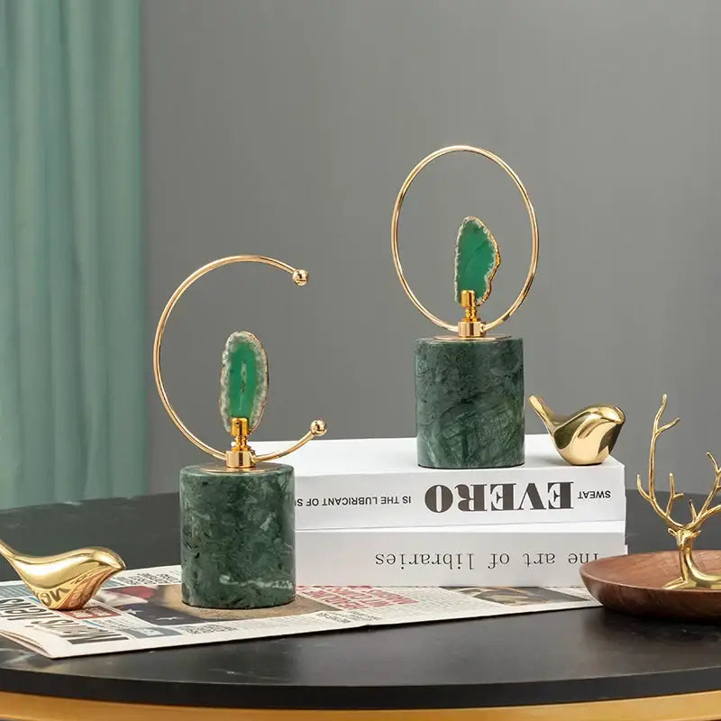 Modern green and gold agate crafts marble base leaf ornaments with gold-tone metal rings for living room decor
