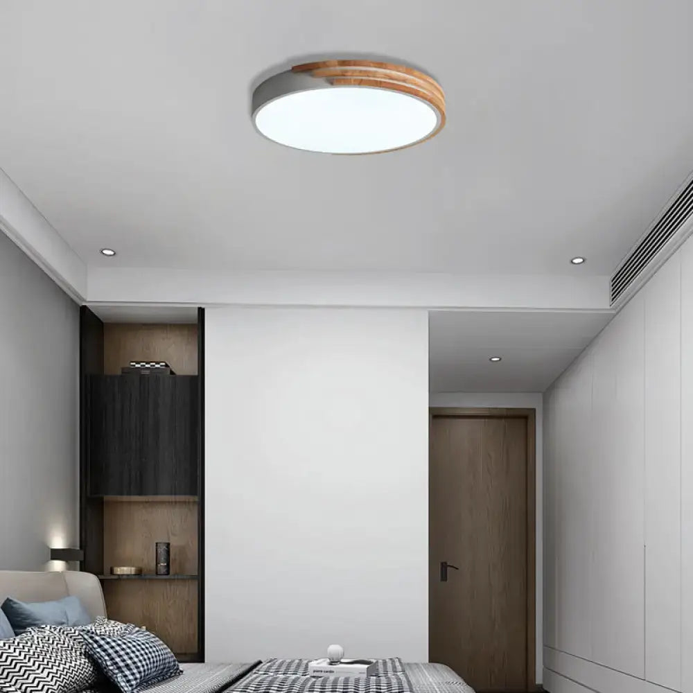 Decorbites™ nordic style round flush mount ceiling light with white acrylic center and warm wood ring accent in grey white green