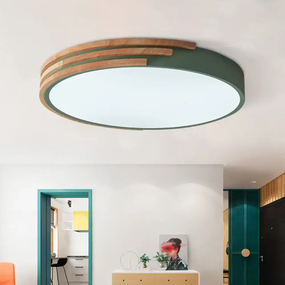 Modern decorbites nordic style round flush mount ceiling light with matte green ring and natural wood slats, 16 inch width