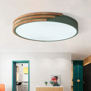 Modern decorbites nordic style round flush mount ceiling light with matte green ring and natural wood slats, 16 inch width