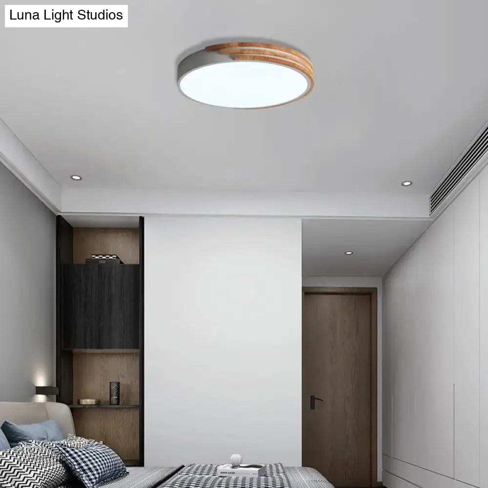Decorbites™ nordic style round flush mount ceiling light with white acrylic center and wooden ring accent in grey white green