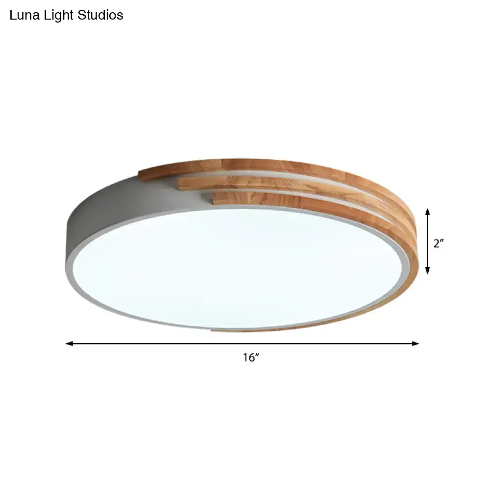 Decorbites™ nordic style round flush mount ceiling light with gray concrete base, wood accents, and integrated led panel