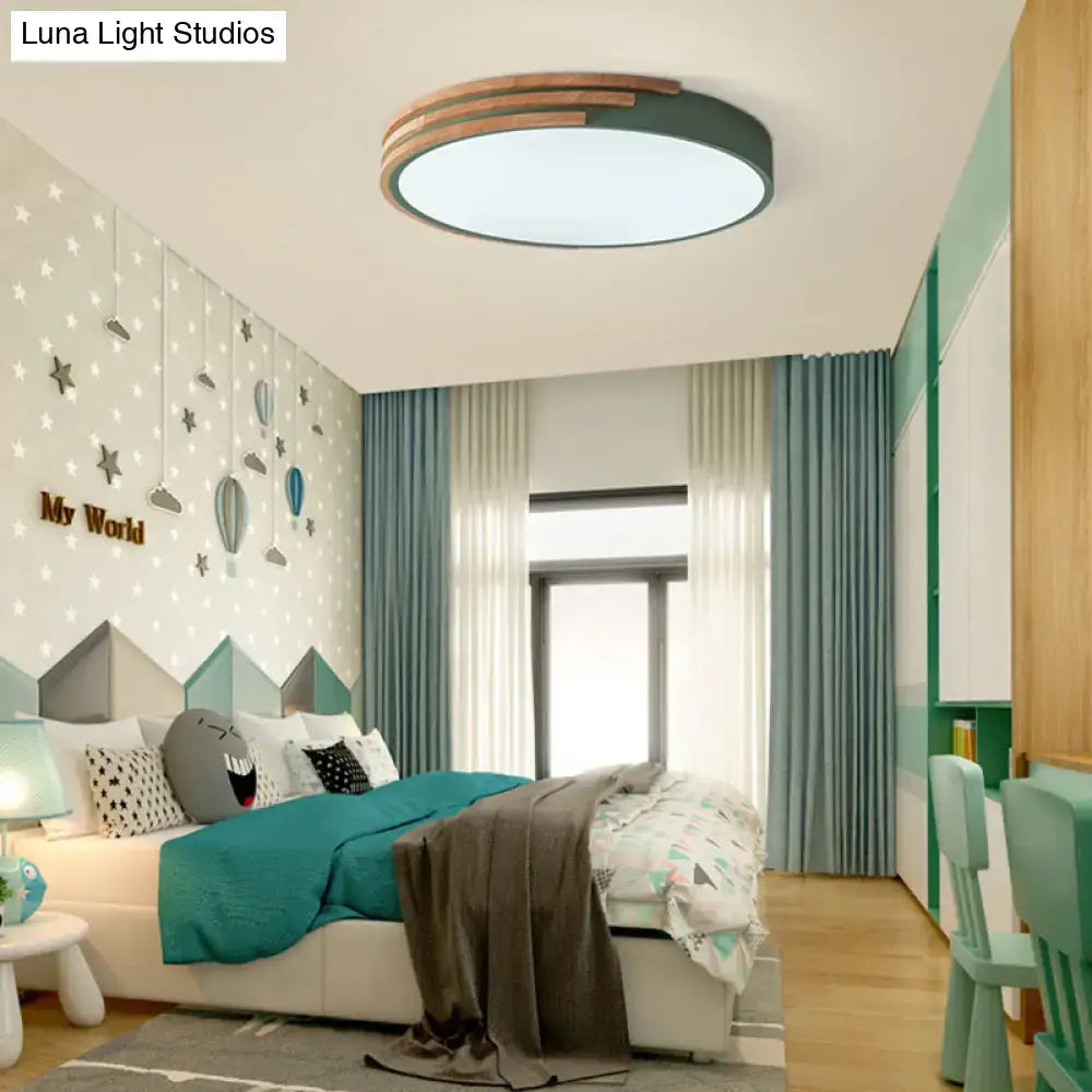DecorBites Nordic style round flush mount ceiling light with wood and green acrylic bands in grey white green 16 inch width