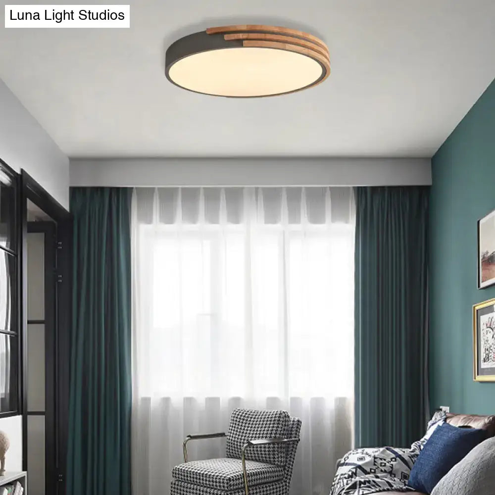 Decorbites nordic style round flush mount ceiling light with dark metal frame and wooden rings in grey white green