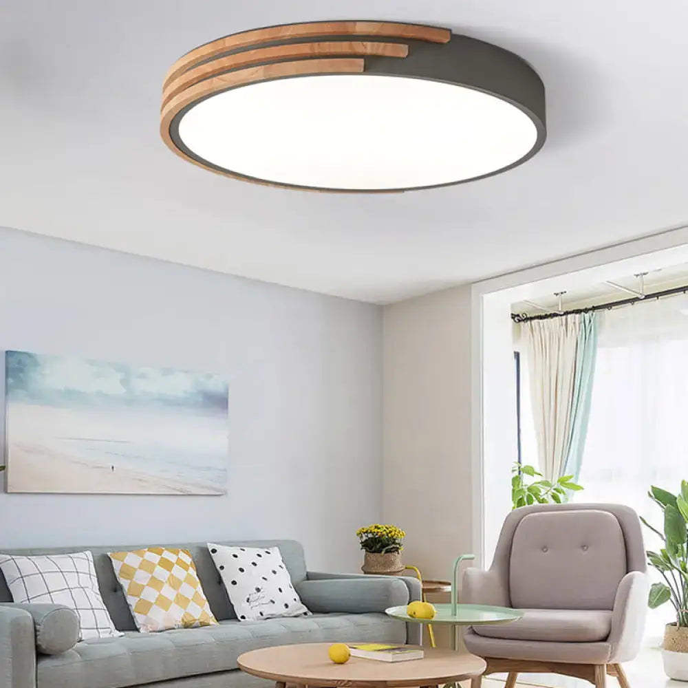 DecorBites Nordic style round flush mount ceiling light with dark gray metal frame and warm wood slats, 16 inch width