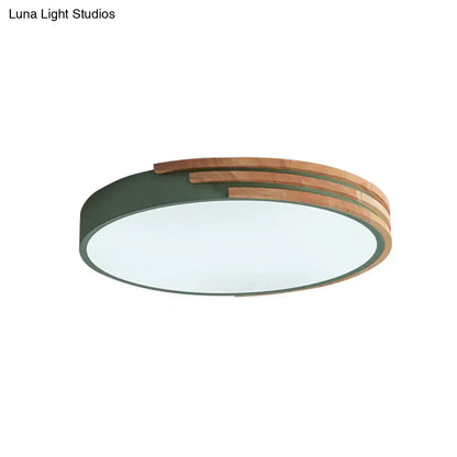Modern flush mount ceiling light with matte green metal frame and natural wood slats by decorbites, 16 inch round flush mount