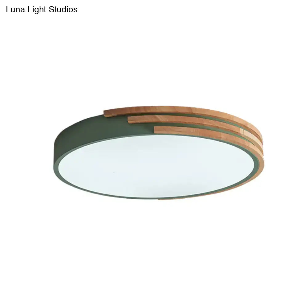 Modern decorbites nordic style round flush mount ceiling light with matte green metal frame and layered wood accents