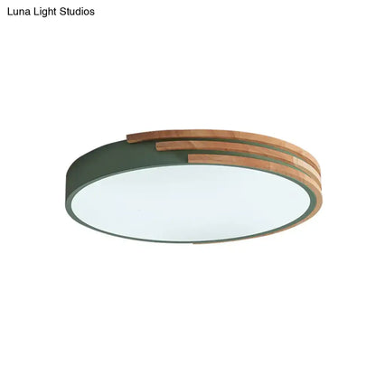 Modern decorbites nordic style round flush mount ceiling light with matte green metal frame and layered wood accents