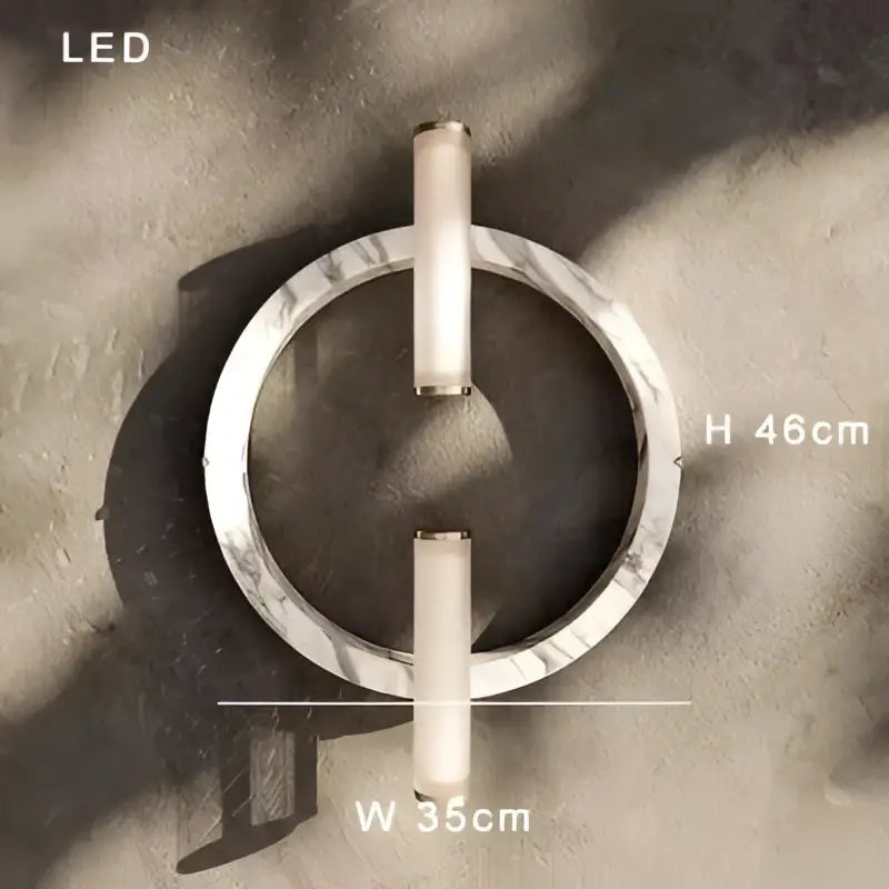 Modern circular wall lamp with green black marble ring and two vertical led light bars for bedroom use