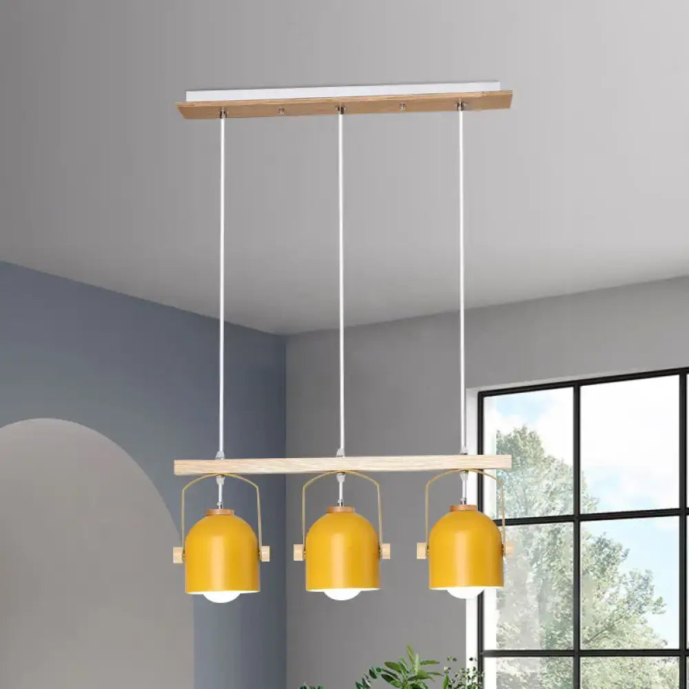 Modern yellow dome island light with wooden horizontal bars and white cords by decorbites wood chandelier