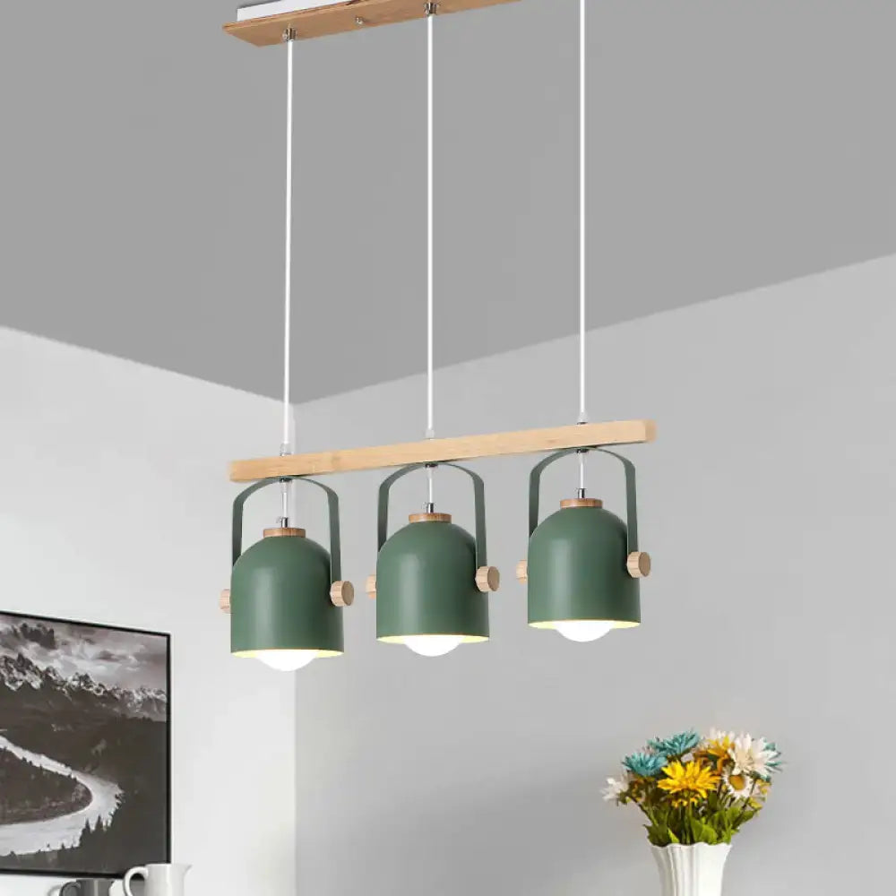 Modern green metal dome island light with wooden accents and three hanging lampshades by decorbites nordic dome island light