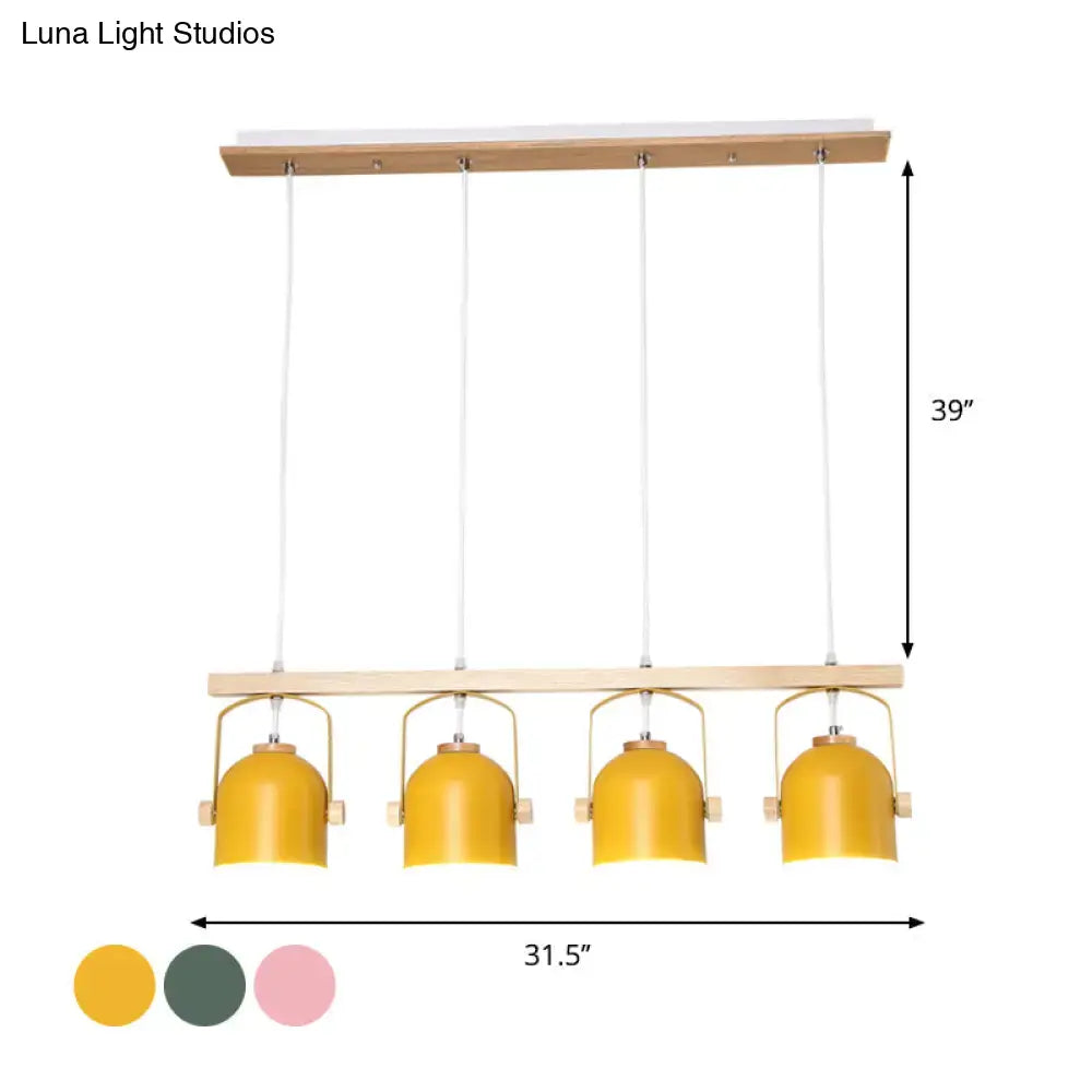 Yellow metal dome island light with wooden horizontal bars and hanging cords in a 3 4-light DecorBites wood chandelier