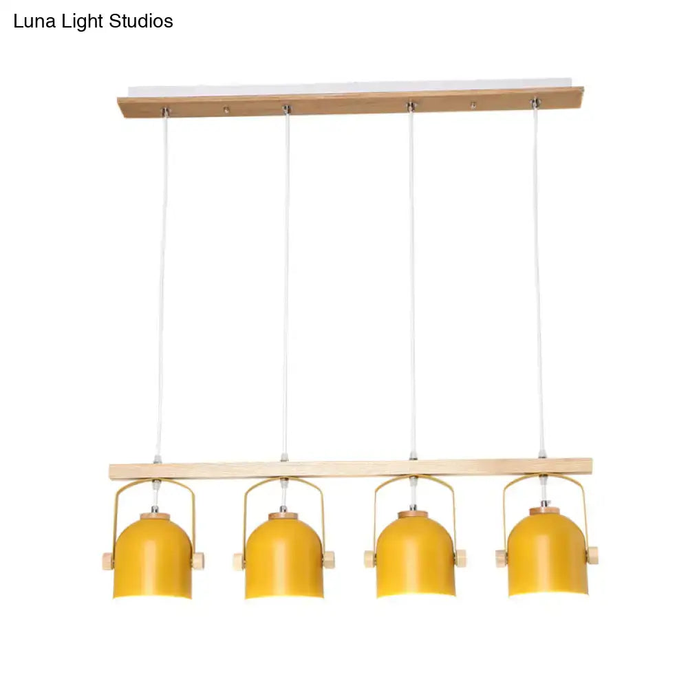 Modern DecorBites Nordic dome island light with four mustard-yellow metal shades on a minimalist wooden frame chandelier