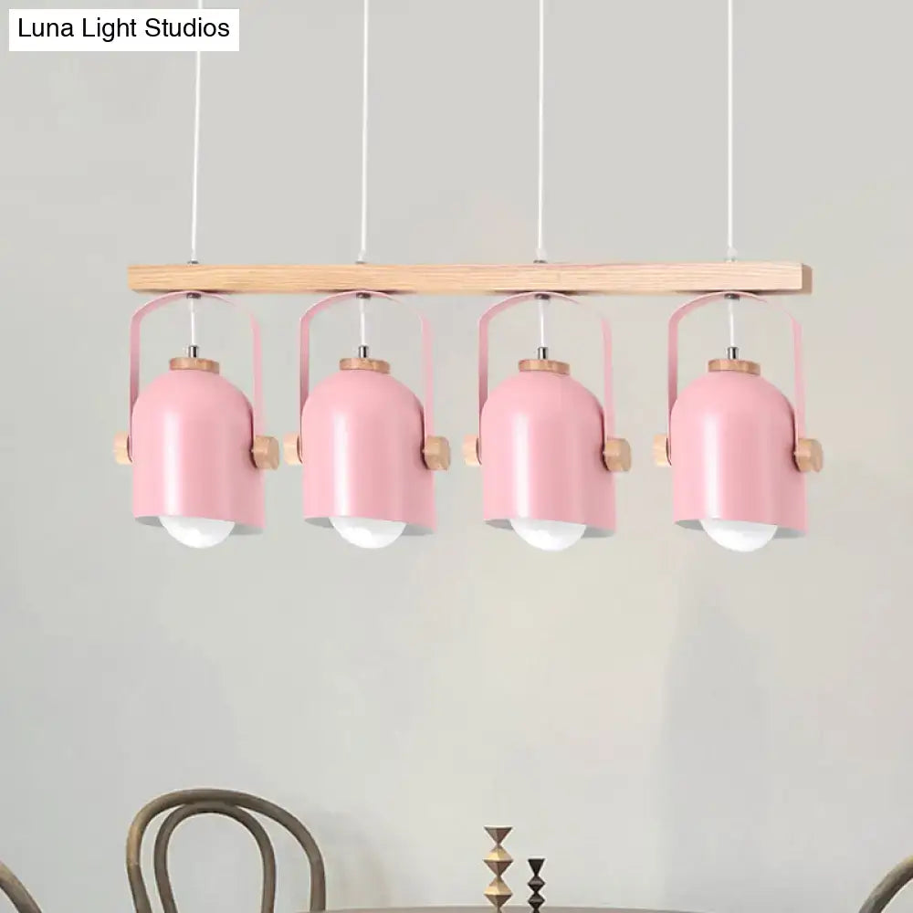 Decorbites™ nordic dome island light with pink metal pendant shades and wooden accents hanging from wood bar