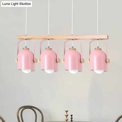 Decorbites™ nordic dome island light with pink metal pendant shades and wooden accents hanging from wood bar