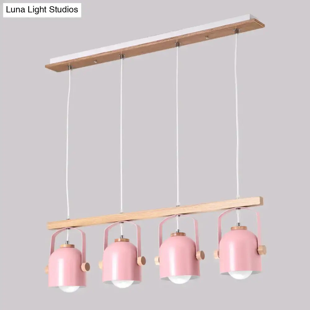 Decorbites™ nordic dome island light with pink metal shades and wooden accents hanging from white ceiling bar