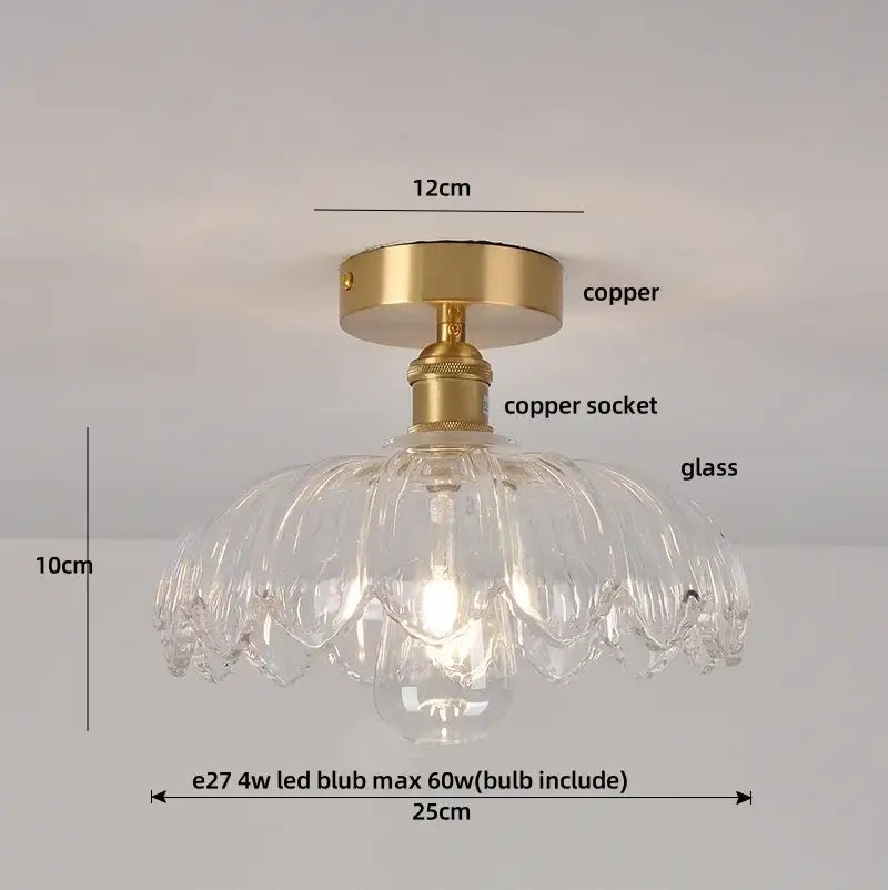 Modern green glass leaf flush mounted ceiling light with clear glass pendant and copper finished mounting base