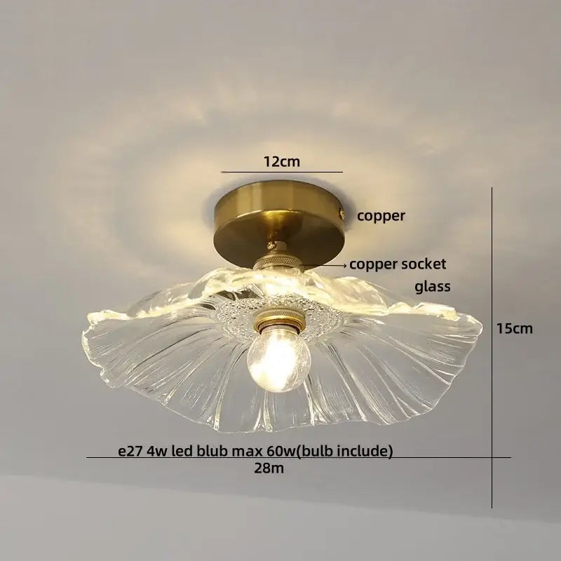 Modern green glass leaf flush mounted ceiling light with delicate clear glass chandelier and copper finished base and socket