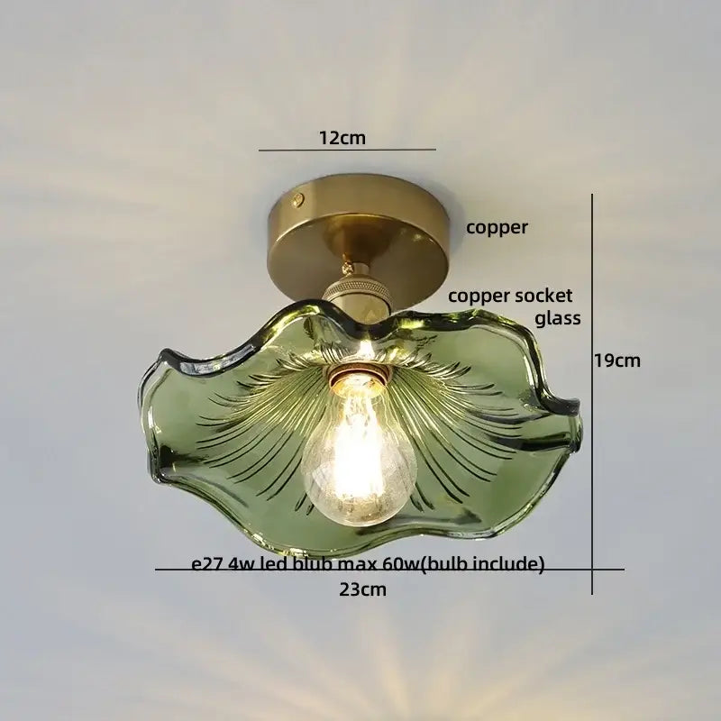 Modern green glass leaf flush mounted ceiling light with copper finish for bedroom ceiling light use