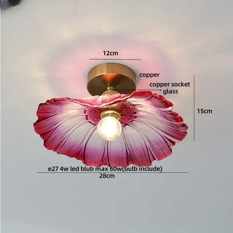 Modern green glass leaf flush mounted ceiling light with delicate pink and purple gradient glass flower and copper socket