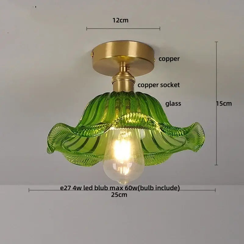 Modern green glass leaf flush mounted ceiling light with brass copper fixture and e27 led bulb for bedroom use
