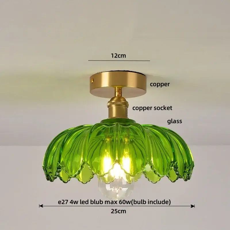Modern green glass leaf flush mounted ceiling light with copper socket and base for bedroom use