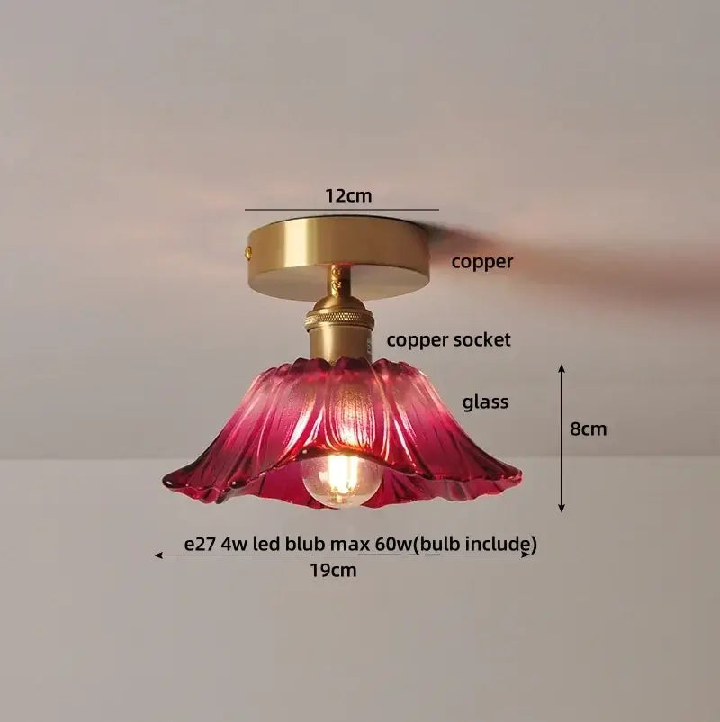 Modern green glass leaf flush mounted ceiling light with vibrant red hand-blown glass pendant and copper base