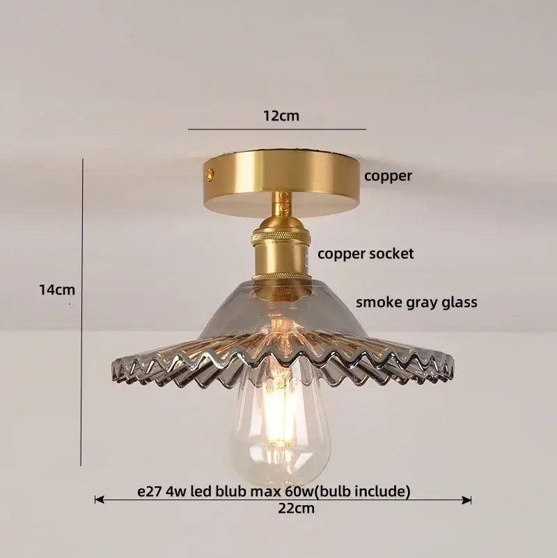 Modern green glass leaf flush mounted ceiling light with brass copper base and smoke gray wavy glass shade for bedroom